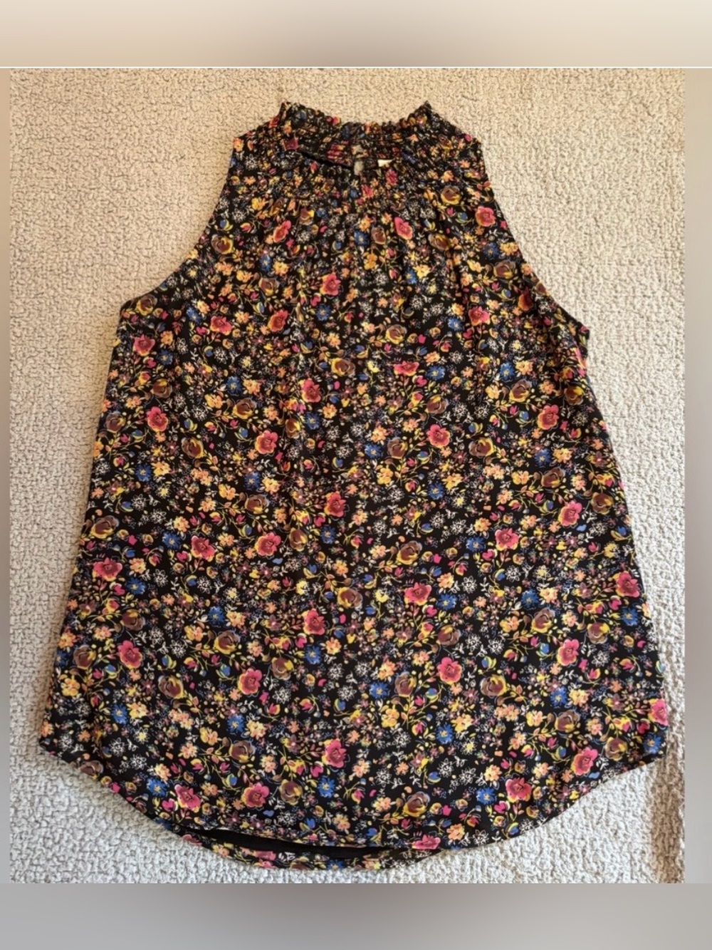Cottage Floral Ruffle Detail Gathered Neck Sleeveless Blouse XS